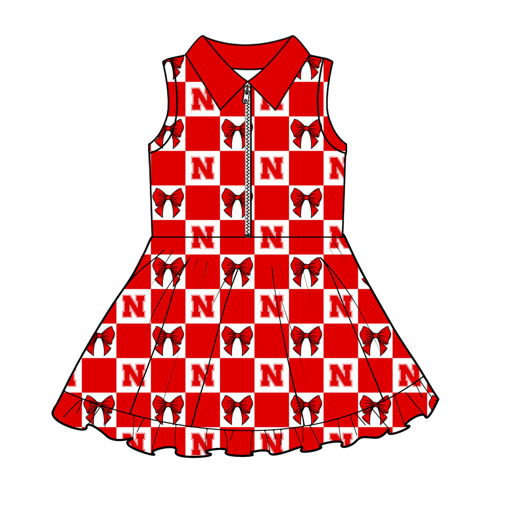 MOQ 5 pcs sleeveless plaid bow red N girls team athletic polo dress