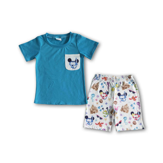 Blue shirt cute print children set cute boy clothes