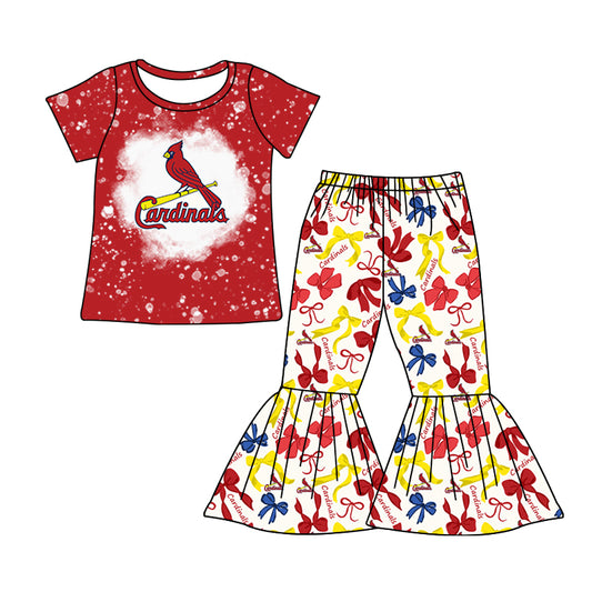 MOQ 3 pcs bleached red bird top bow pants girls team clothes
