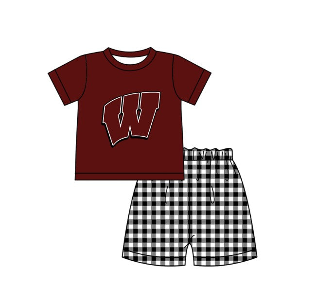 MOQ 5 pcs brown short sleeves W top black plaids shorts boys team outfit