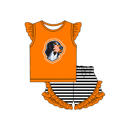 MOQ 5 pcs orange dog top stripe shorts girls team outfits