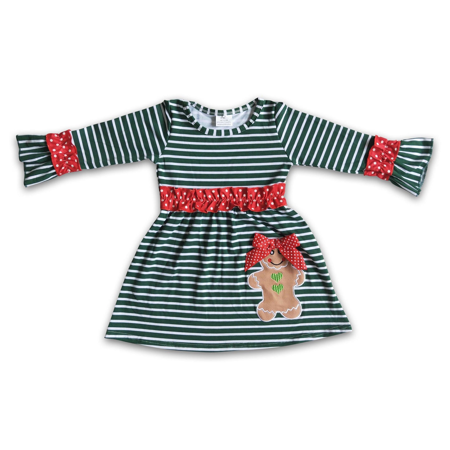 Gingerbread embroidery green stripe long sleeve Christmas dress