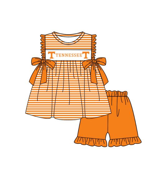 MOQ 5 pcs orange stripe T bow tunic ruffle shorts girls team outfit