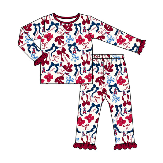 MOQ 3 Long sleeves A red blue bow kids girls team pajamas