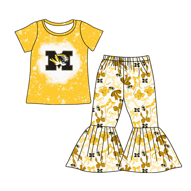 MOQ 3 pcs bleached yellow M top bow pants girls team clothes