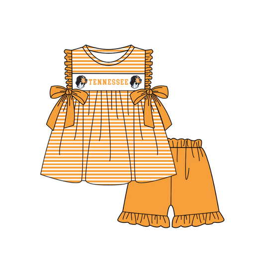 MOQ 5 pcs orange stripe bow T tunic ruffle shorts girls team outfit