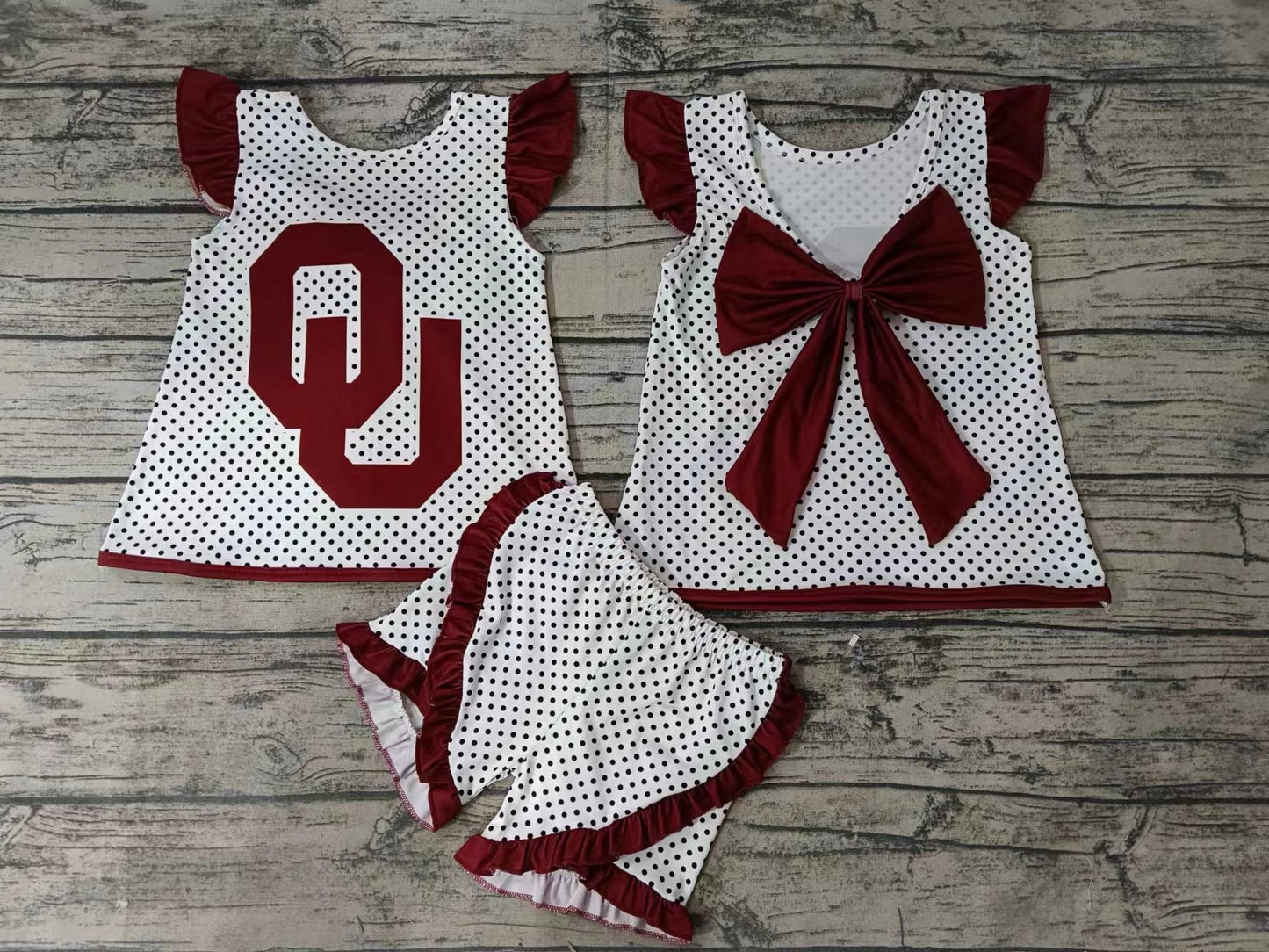 MOQ 3 pcs O U polka dots bow backless girls team outfits