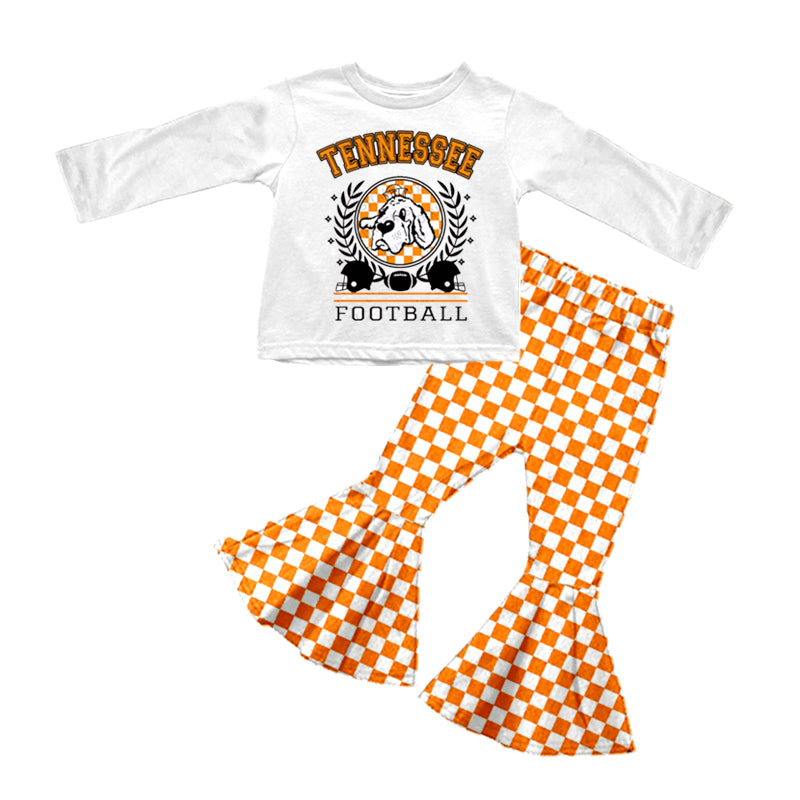 MOQ 5 T dog football yellow plaid kids girls team outfits