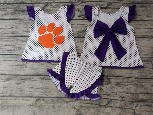 MOQ 3 pcs polka dots purple bow backless girls team outfits