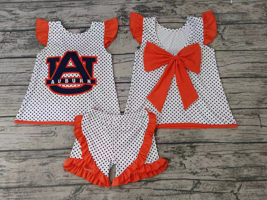MOQ 3 pcs A U polka dots orange bow backless girls team outfits