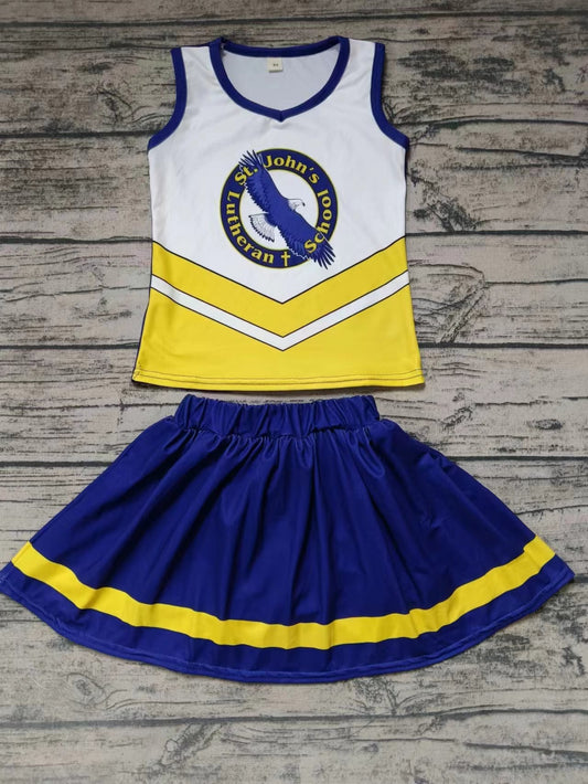 MOQ 3 pcs yellow blue top skirt girls cheer clothes
