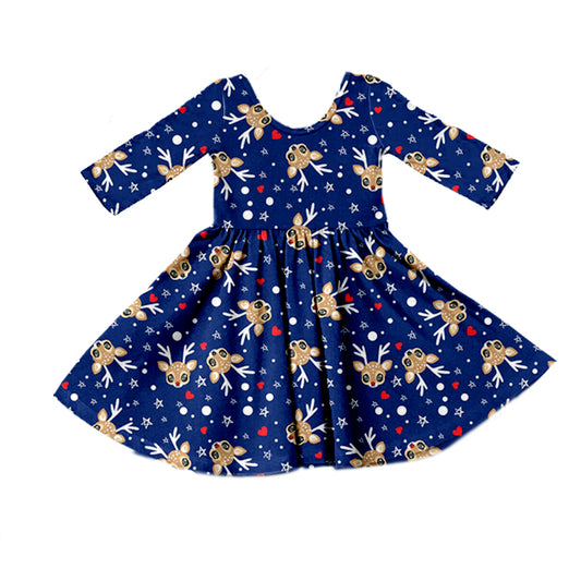 MOQ 5 blue deer heart baby girls Christmas dress