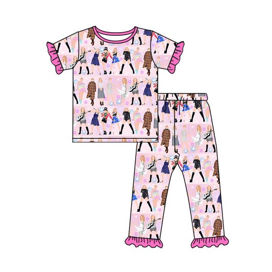MOQ 3 Short sleeves pink guitar ears singer girls pajamas