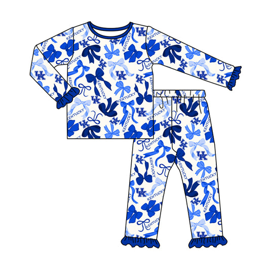 MOQ 3 Long sleeves blue bow U K kids girls team pajamas
