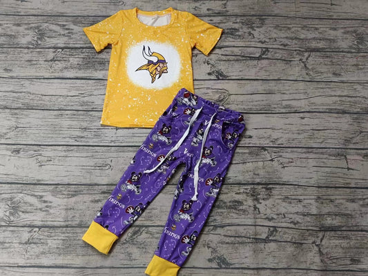 MOQ 3 pcs yellow bleached top purple pants kids team outfits