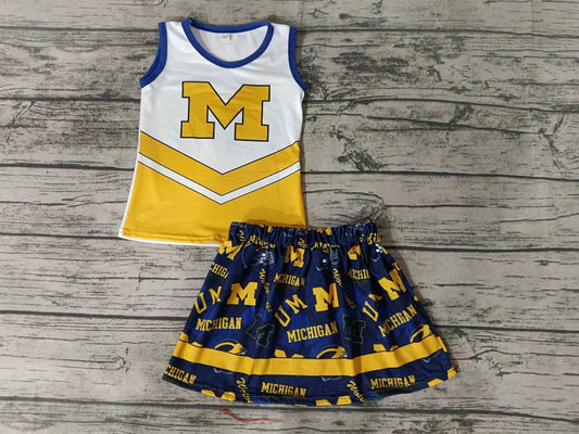 MOQ 3 pcs M blue yellow white top skirt girls cheer clothes