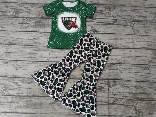 MOQ 3 pcs Green bleached top leopard pants girls team outfits