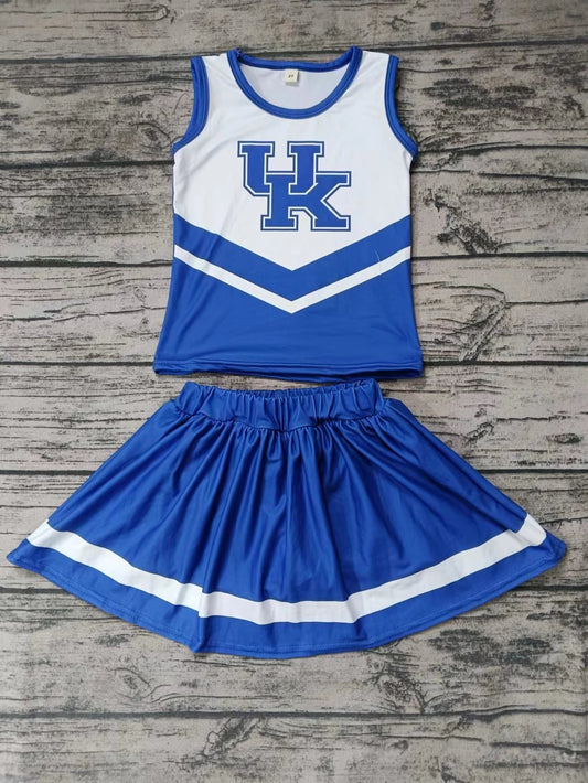 MOQ 3 pcs U K blue white top skirt girls cheer clothes