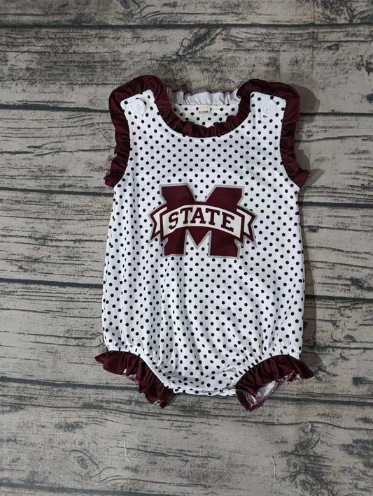 MOQ 3 pcs ruffle sleeveless M maroon polka dots baby team romper