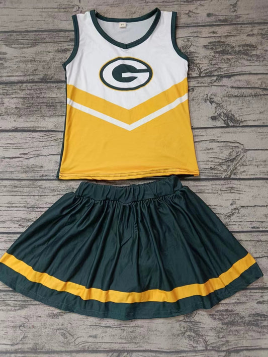 MOQ 3 pcs G yellow green top skirt girls cheer clothes