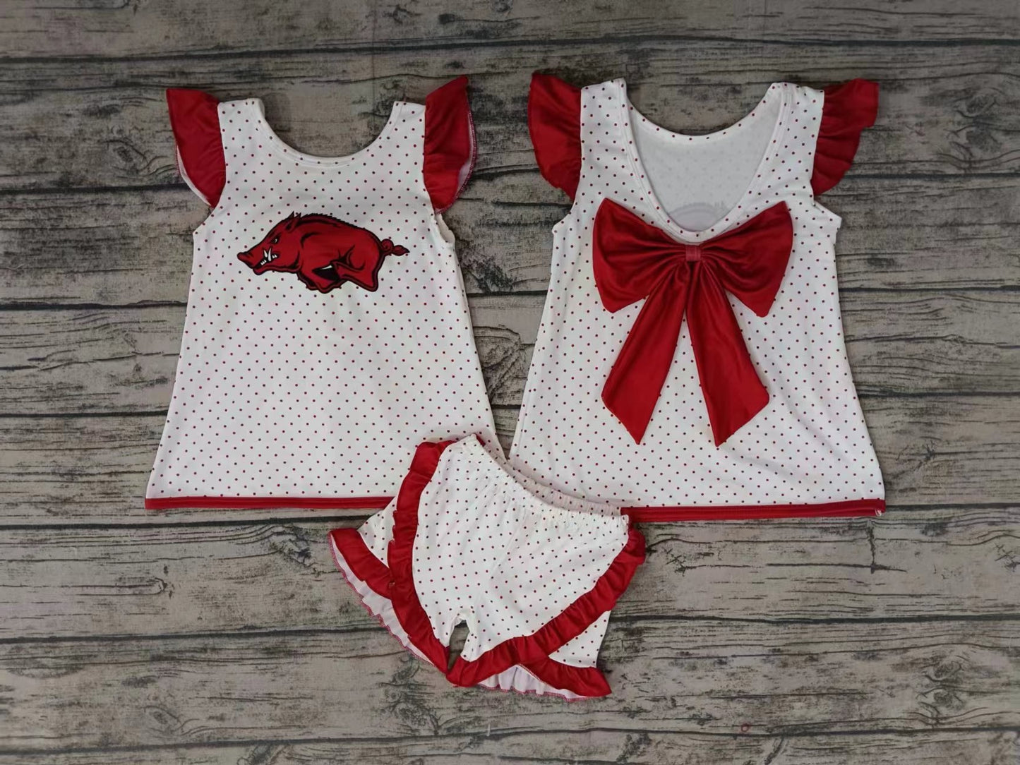 MOQ 3 pcs hogs red polka dots bow backless girls team outfits