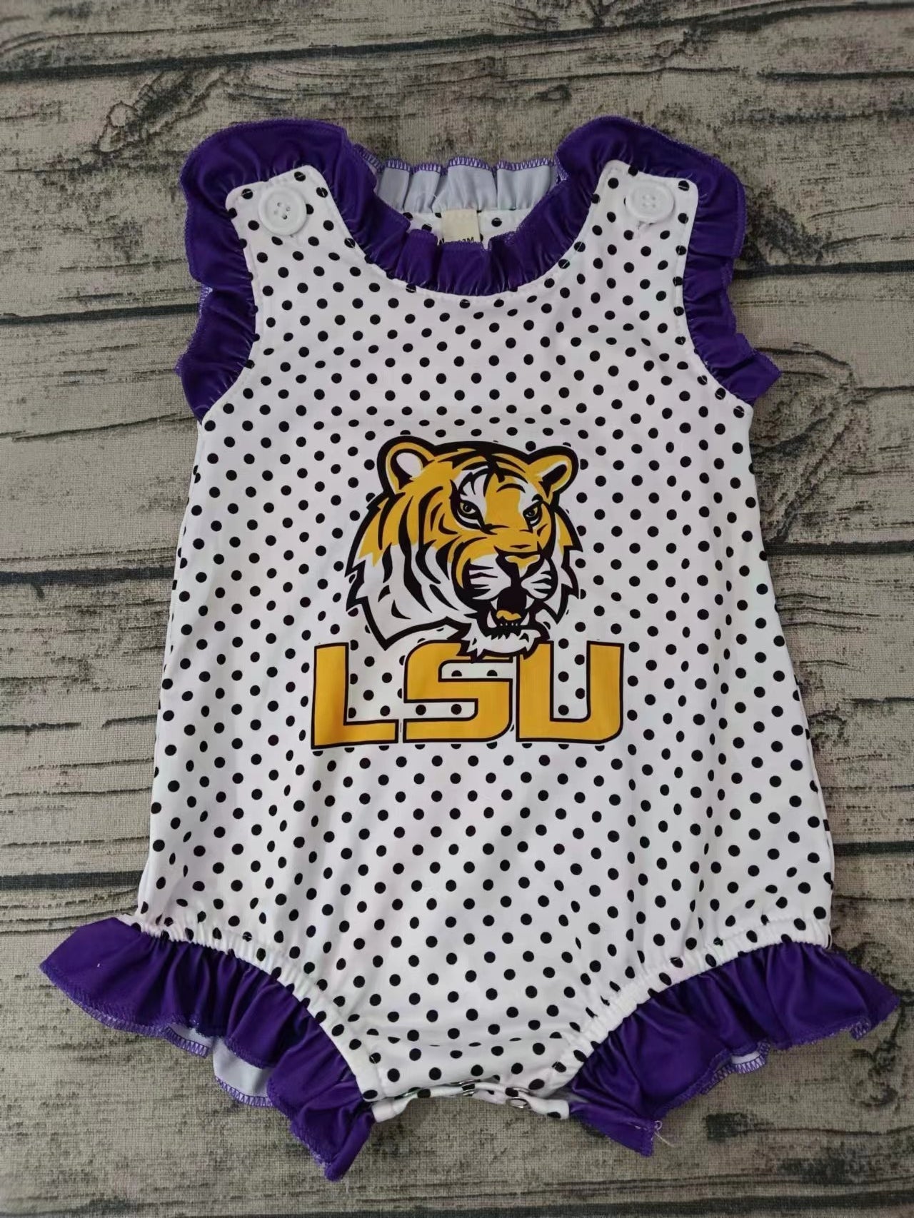 MOQ 3 pcs ruffle sleeveless tiger purple polka dots baby team romper