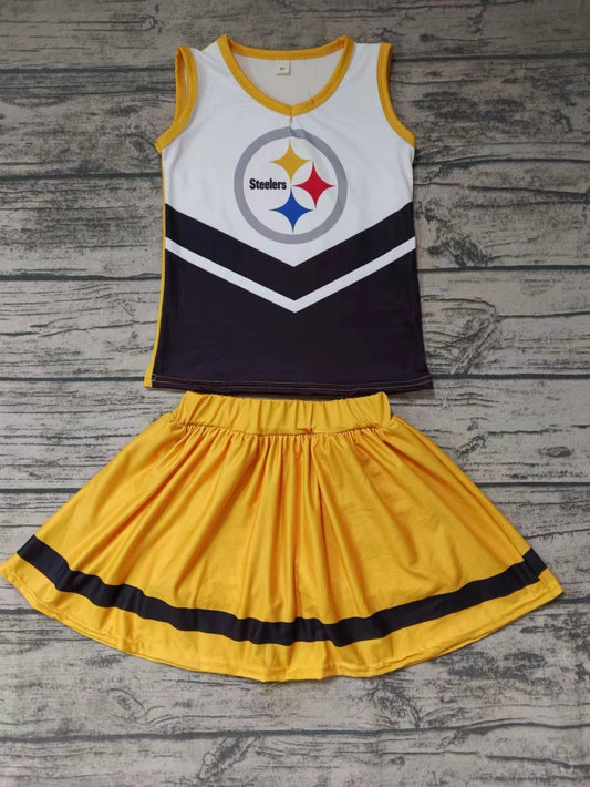 MOQ 3 pcs yellow black top skirt girls cheer clothes