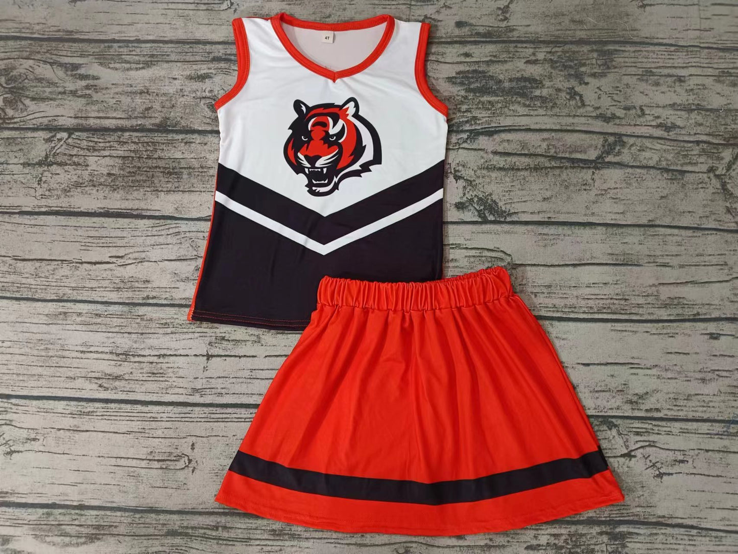 MOQ 3 pcs tiger black orange top skirt girls cheer clothes