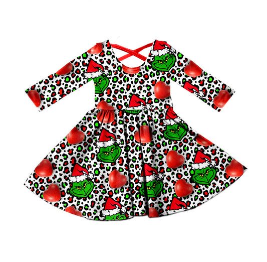 MOQ 5 Heart leopard green face girls Christmas dress