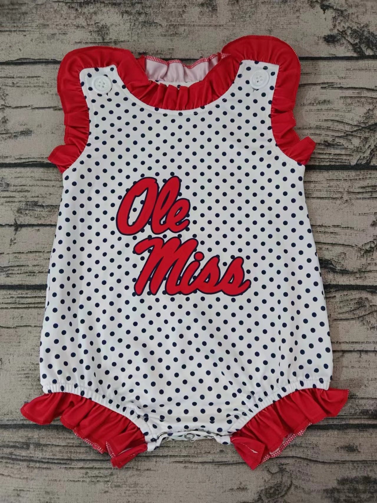 MOQ 3 pcs O red ruffle sleeveless polka dots baby team romper