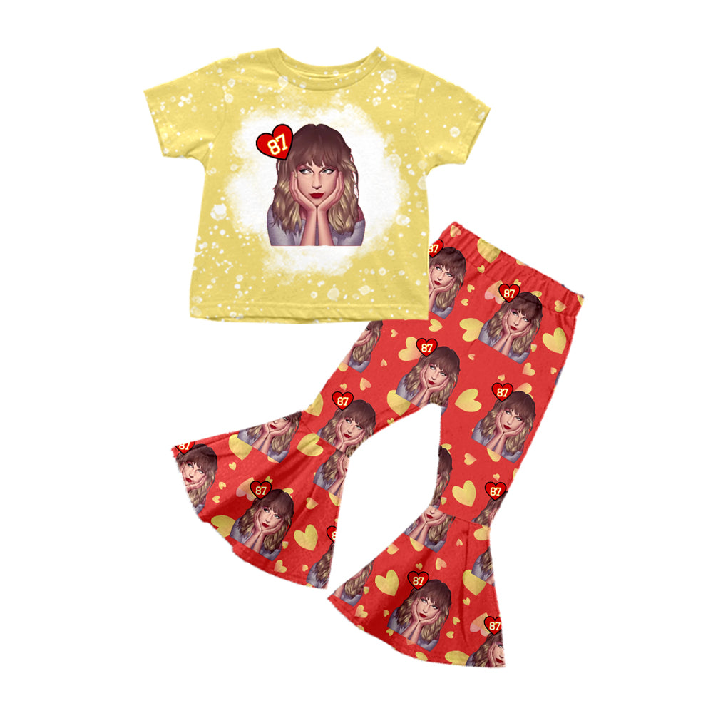 MOQ 3 yellow top red heart pants ears singer girls outfits