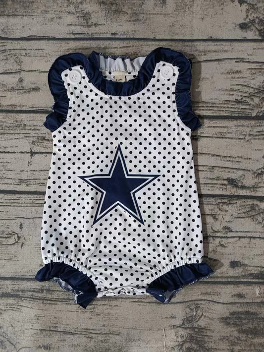 MOQ 3 pcs star navy ruffle sleeveless polka dots baby team romper