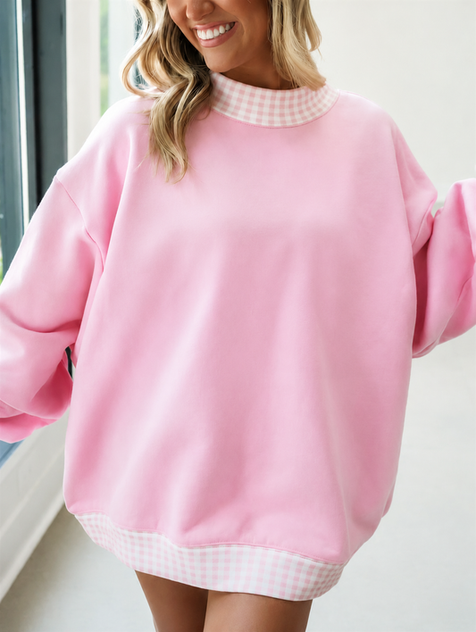 Long sleeves pink plaid adult women sweatshirt