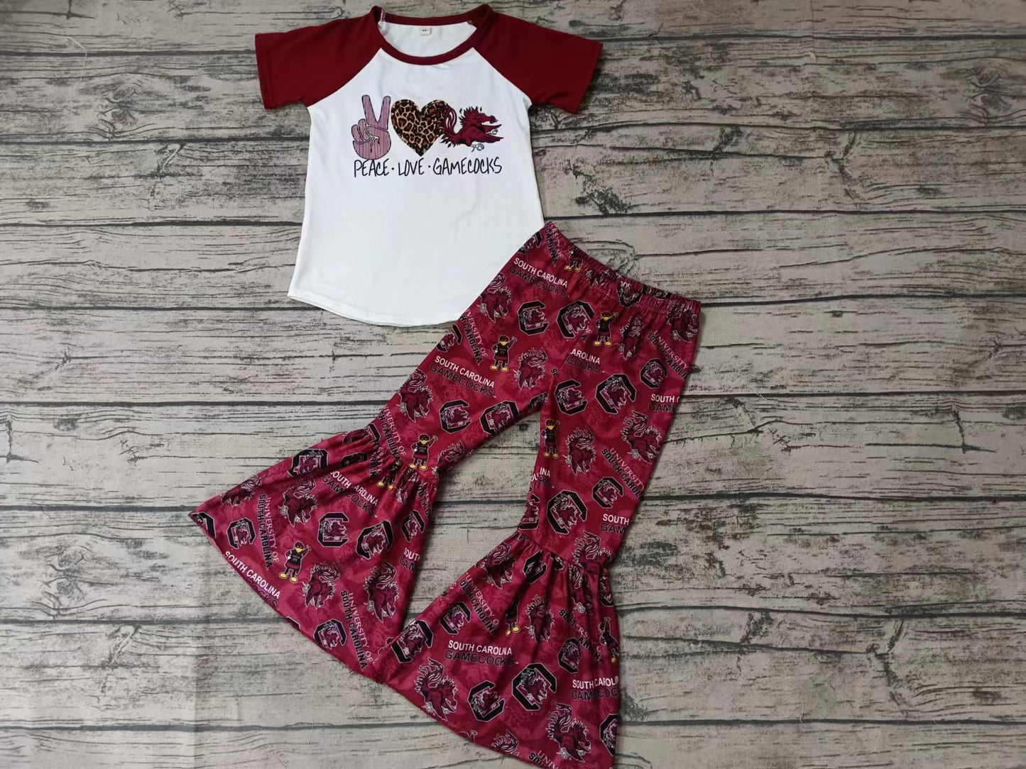 MOQ 3 pcs peace love maroon pants girls team clothes