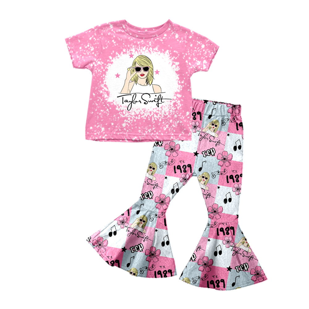 MOQ 3 pink top flower music pants ears singer girls outfits