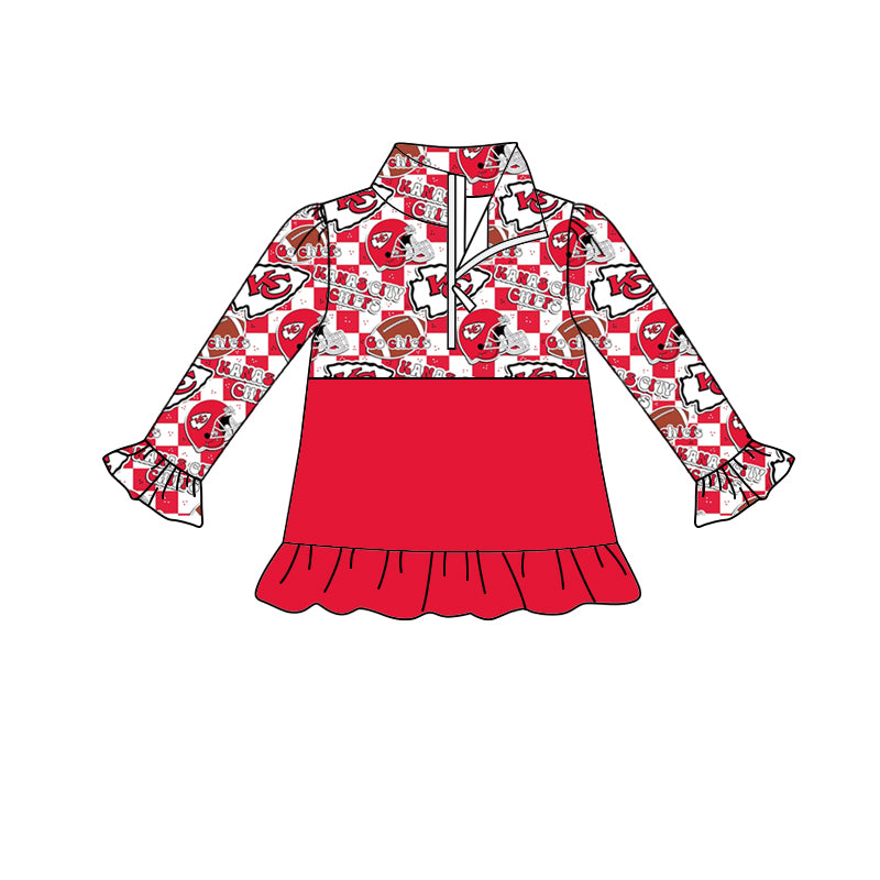 MOQ 5 K C red ruffle girls team zipper pullover
