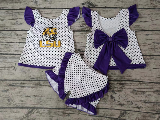 MOQ 3 pcs tiger polka dots purple bow backless girls team outfits