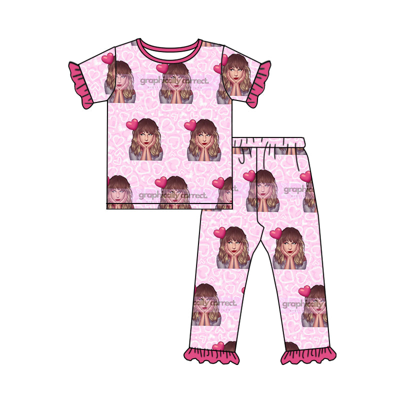MOQ 3 Short sleeves pink heart ears singer girls pajamas