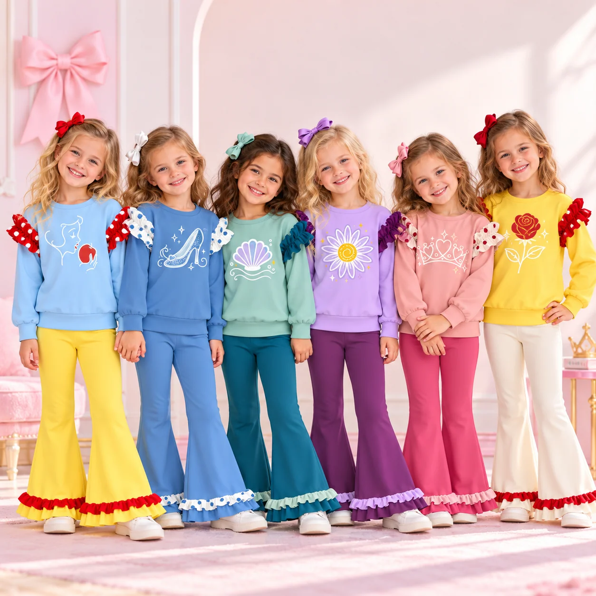 MOQ 5 Long sleeves princess ruffle top flare pants girls outfits