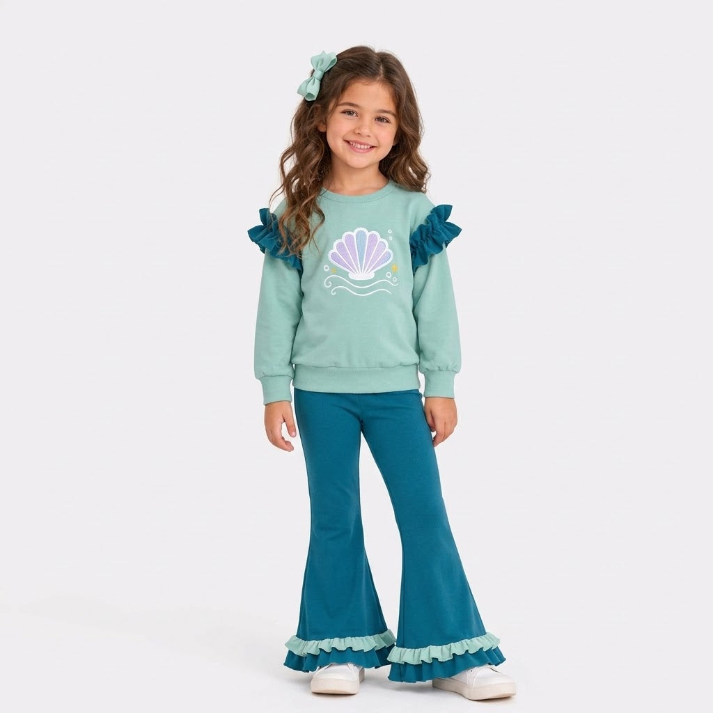 MOQ 5 Long sleeves princess ruffle top flare pants girls outfits