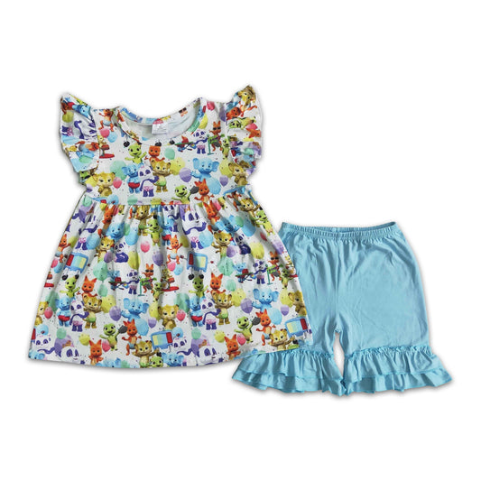 Cute print flutter sleeve shorts summer set