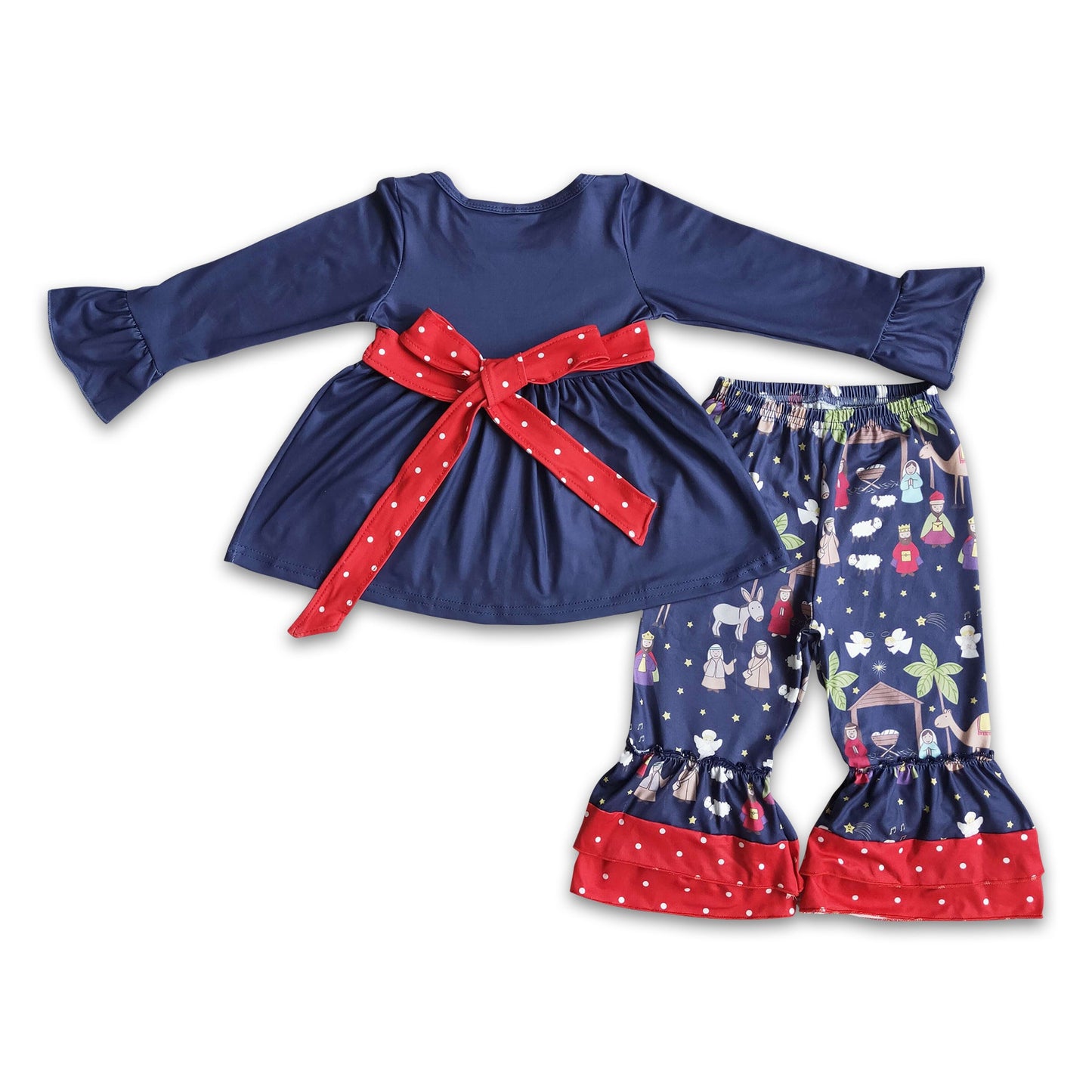 Navy Nativity print belt tunic ruffle pants kids girls Christmas clothes