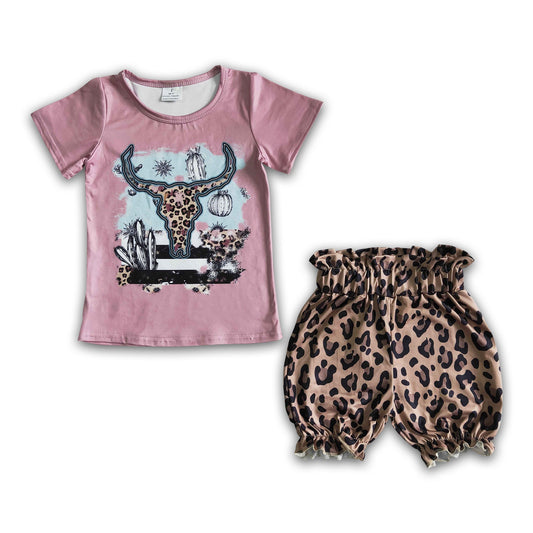 Leopard bull skull shirt shorts girls western summer outfits