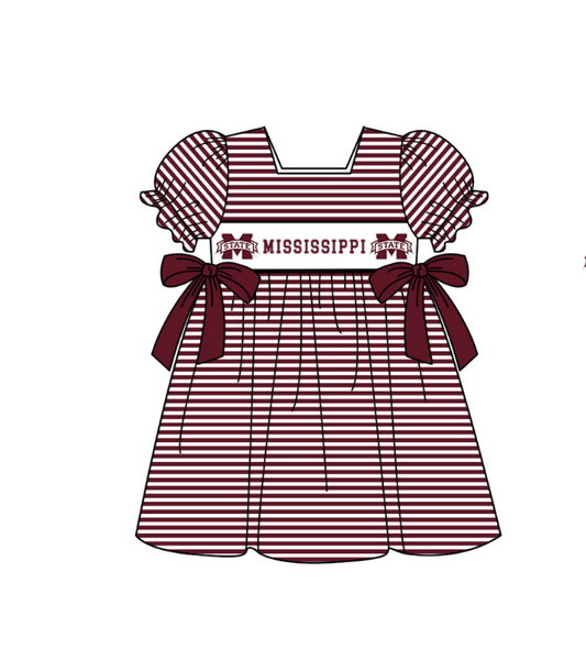 MOQ 5 pcs Short sleeves maroon stripe bow M girls team dresses