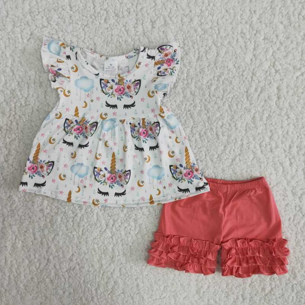 Unicorn flutter sleeve shirt ruffle shorts girls clothing set