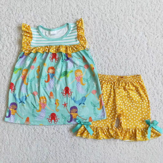 Mermaid tunic ruffle shorts girls summer clothing