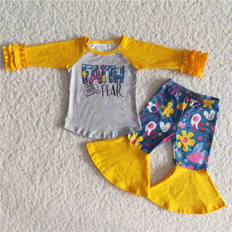 Faith over fear shirt bell bottom pants wholesale kids fall clothing