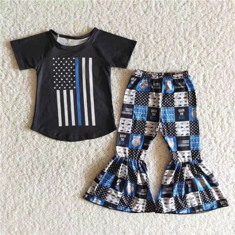 Flag print back the blue pants girls police clothing set