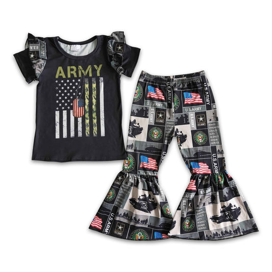 Flag print short sleeve bell bottom pants girls outfits