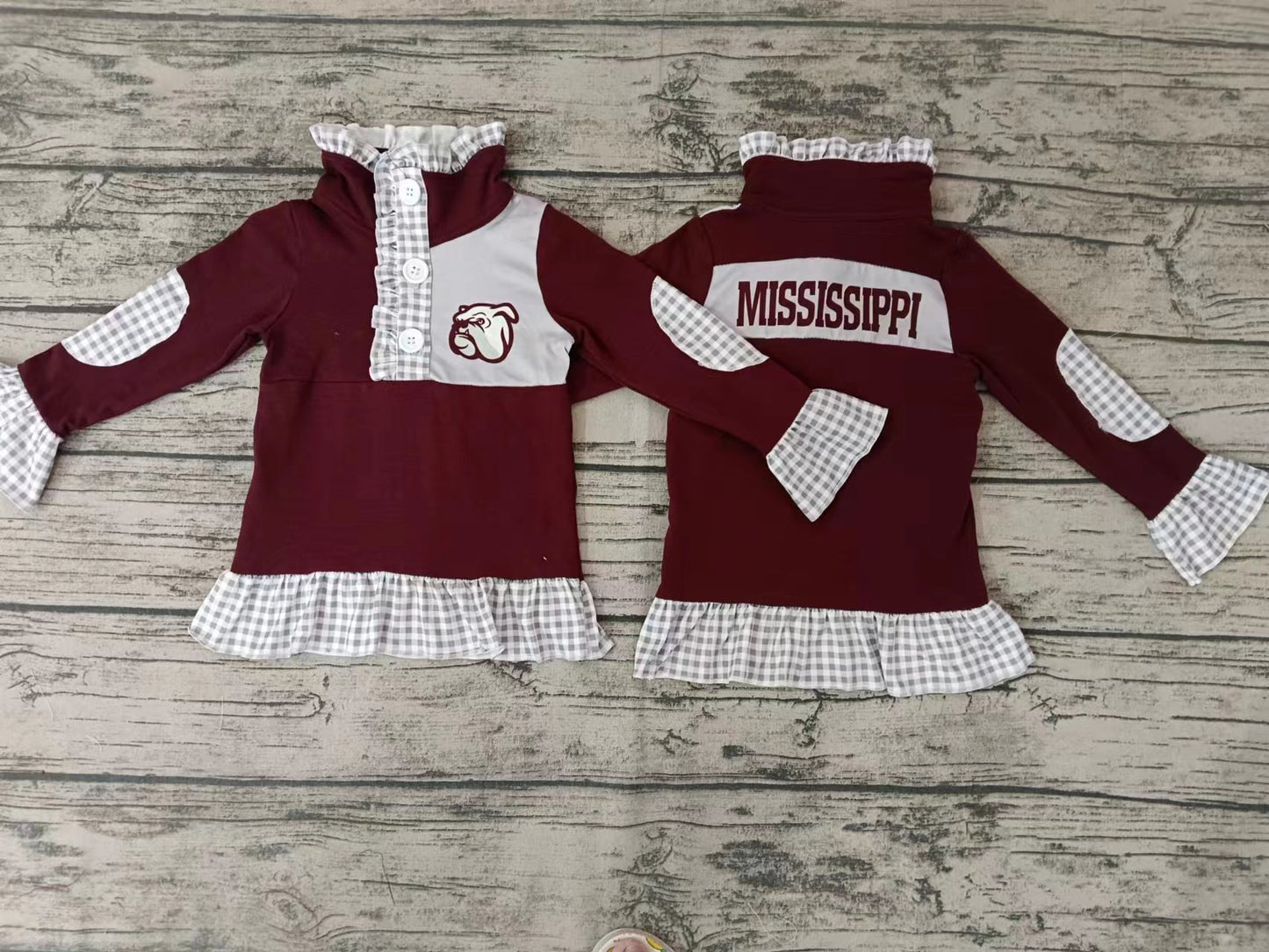 MOQ 5 M marroon plaid girls team pullover